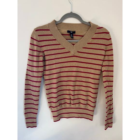 Gap Sweaters - ❤️ 3/$25 GAP V Neck Sweater in Tan with Fuschia stripes, y2k style, XS